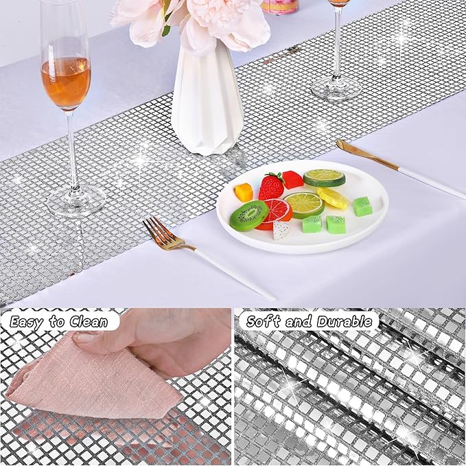 Durony 4 Pack Disco Party Table Runners, 11 x 108 Inch Silver Glitter Foil with Sparkle Sequin, Ideal for Bachelorette, 70s, Disco, Cowgirl Parties