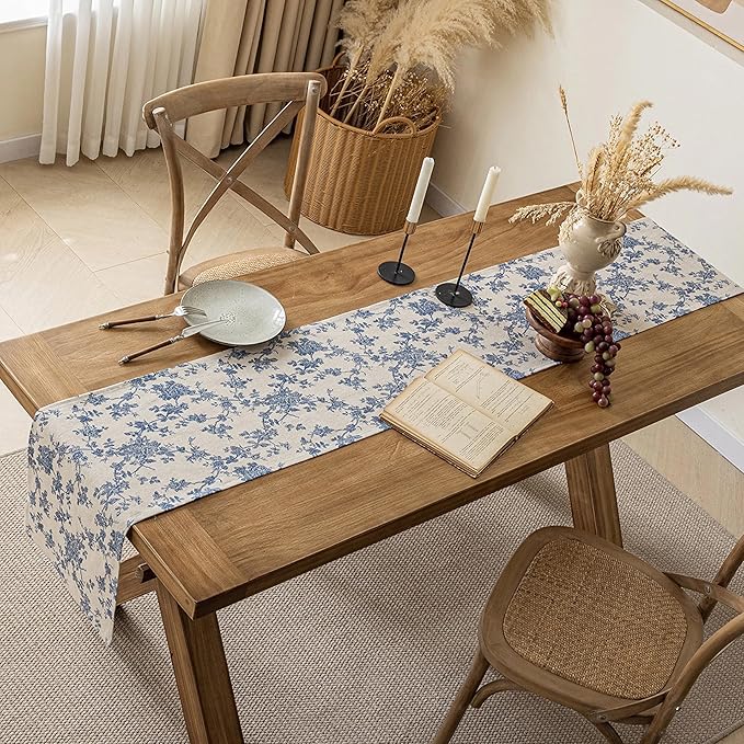 Pastoral Table Runner - 14 x 48 Inch Rectangle - Beige Linen - Washable Tabletop with Dust-Proof Wrinkle Resistant for Restaurant, Picnic, Indoor and Outdoor Dining, Floral (Dark Blue)