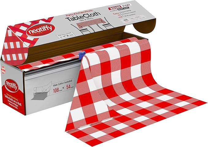 Plastic Tablecovers Roll, Red Gingham, 54 x 1296 Inch, Slide Cutter