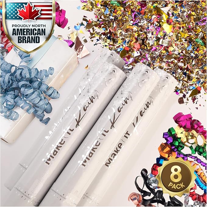 PrimePure Confetti Cannon Party Poppers - Metallic Foil Multicolor Confetti Poppers & Streamers - 8 Pack - Easy-to-Use Party Cannon - Glitter Bomb Pop Gun for Graduation, Birthday, Celebration, Prank