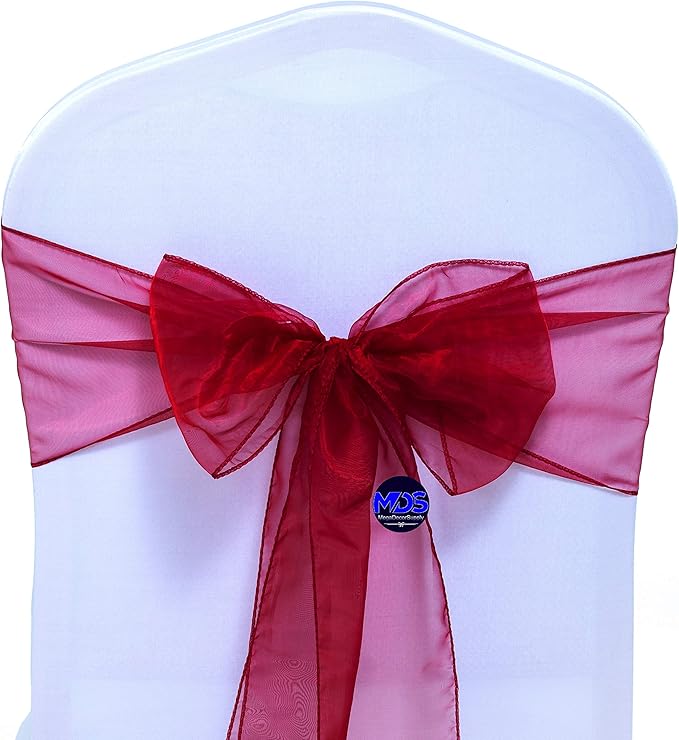 MDS Pack of 200 PCS Organza Chair Sashes Wider Dining Chair Bows Ribbon Tie Back for Wedding Party Birthday Bridal Shower Reception Event Banquet Home Chair Cover Decoration - Maroon