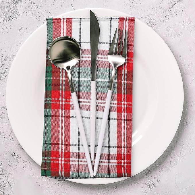 Cloth Napkins Set of 12, Christmas Checks Square 100% Cotton 20x20 Inch
