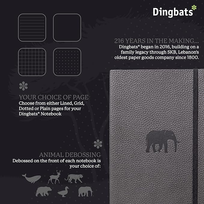 Dingbats* Wildlife Dotted Writing Journal Notebook A5 - Vegan Leather Softcover - Ideal for Work, Travel - Pocket, Elastic Closure, & Bookmark