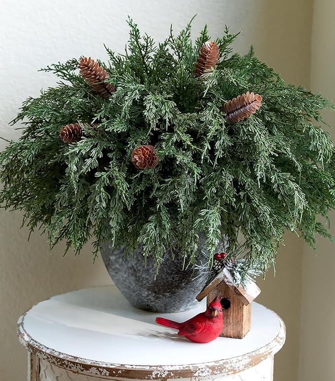 Artificial Pine Branches, 12 Cedar Stems and 5 Pinecone Stems, Plastic