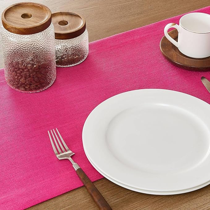 ZeeMart Linen Textured Border Table Runner, 14 x 48 Inch Hot Pink, Farmhouse Style Pink Table Runners 48 Inches Long, Easy Care Everyday Polyester Table Runner