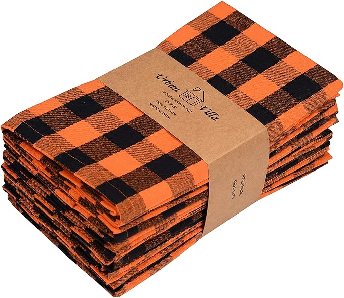 Square Cotton Cloth Napkins in Orange and Black Checkered Pattern