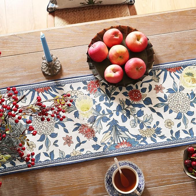 patdrea Designer Blue Cottage Rustic Floral Patterned Extra Long,Wrinkle Resistant Linen Table Runner 118 Inch Long,Decoration for Kitchen Dining and Coffee Tables Banquet Christmas , 12"x118"