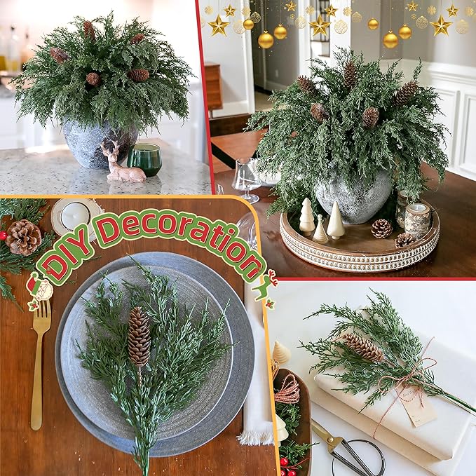 Artificial Pine Branches, 12 Cedar Stems and 5 Pinecone Stems, Plastic