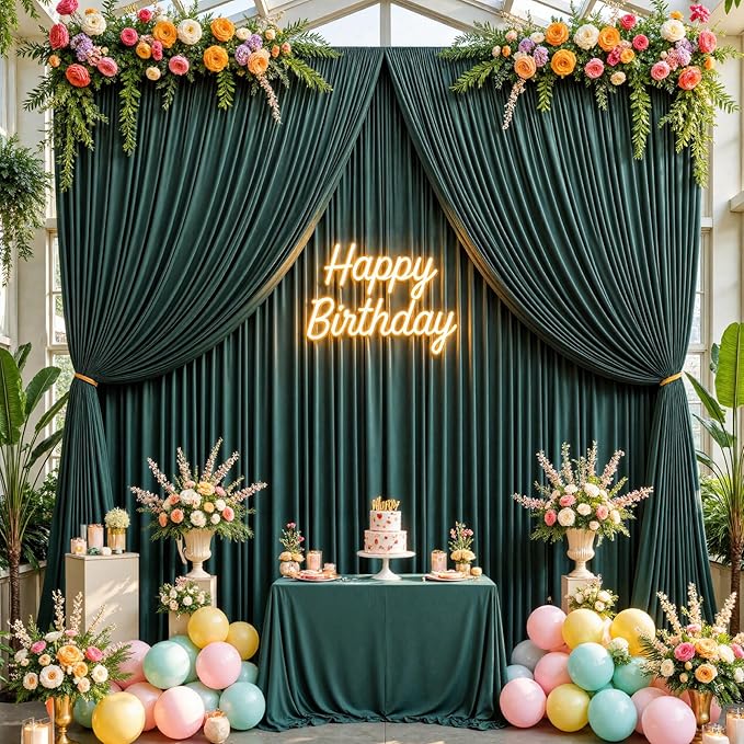 50ftx10ft Wrinkle Free Hunter Green Backdrop Curtains for Party Background, 10 Panels Silky Fabric Green Photo Backdrop Drapes Back Drop Cloth for Wedding Birthday Photography Baby Shower Decor