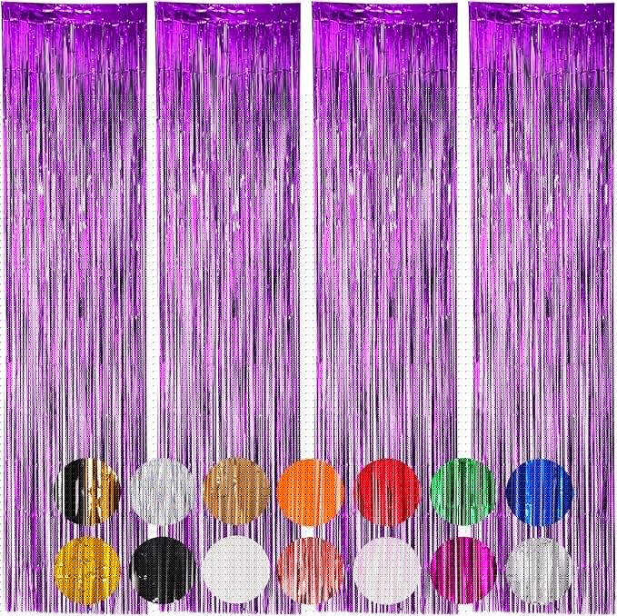 4 Pack Purple Foil Fringe Backdrop Curtains, Tinsel Streamers Birthday Party Decorations, Fringe Backdrop for Graduation, Baby Shower, Gender Reveal, Disco Party