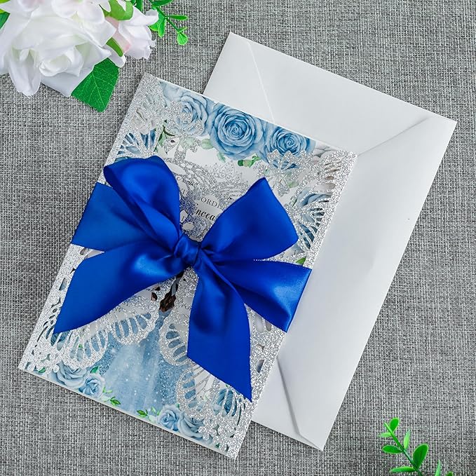 20 PCS 5.12x7.2 Butterfly Quinceanera Invitation, Laser Cut Wedding Invitation Cards with Envelopes for XV Anos Bridal Shower Baby Shower Invite (Silver Glitter)