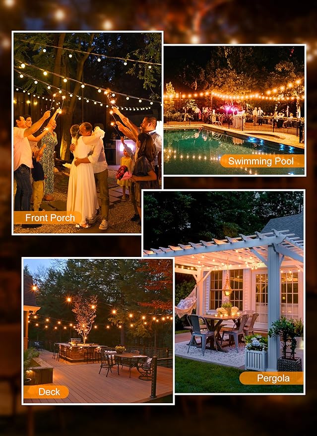 String Lights for Outdoor Patio, 100 FT Warm White G40 LED, Black