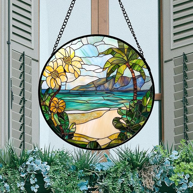 Stained Glass Window Hanging 4 Pcs Set Blue Ocean Coconut Tree Scenery 6.3" - Suncatcher Door Garden Sun Catcher Decor Birthday Christmas for Mom Woman Nana Men