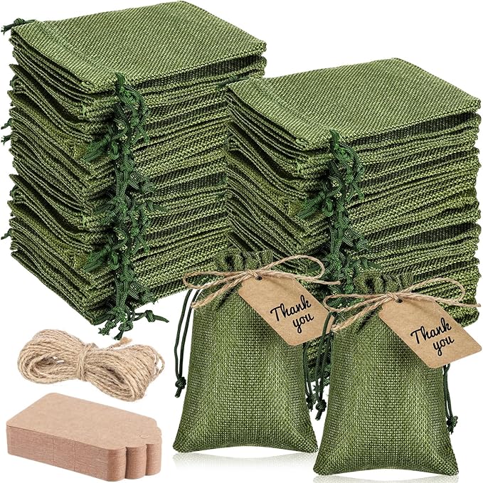 Gift Bags: 100 Burlap Drawstring Pouches in Army Green with Kraft Tags