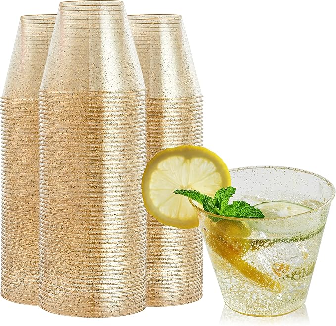 Plastic Cups 9 oz Gold Glitter Disposable, 100 Count