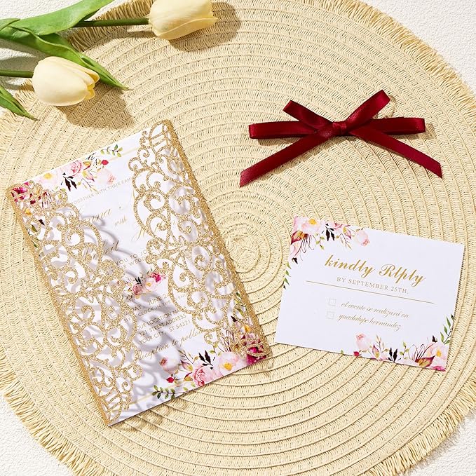 25pcs Personalized Wedding Invitations with Envelopes and RSVP Cards Blank Rose Gold 5×7 Glitter Laser Cut Invitation Pockets for Wedding Engagement Bridal Shower Birthday Quinceañera Anniversary
