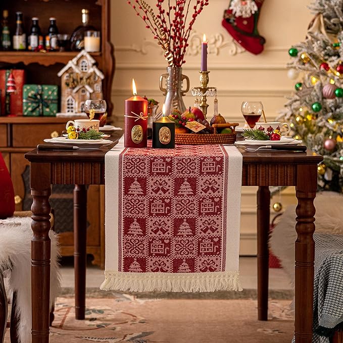 Table Runners 83 Inches,Christmas Tree Table Runner with Tassel Fringe,Gift Table Runner for Party，Coffee Table, Festival