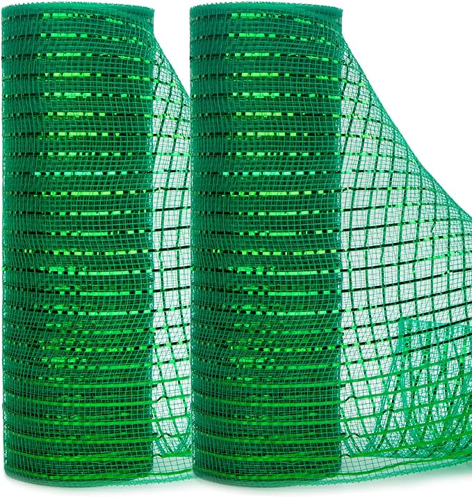 Ribbli 2 Rolls Emerald Green Mesh Ribbon,10 inch x 30 feet(10Yard) Each Roll,Metallic Emerald Green with Wide Green Foil,St.Patricks Day Ribbon for Wreath Swags and Decorating