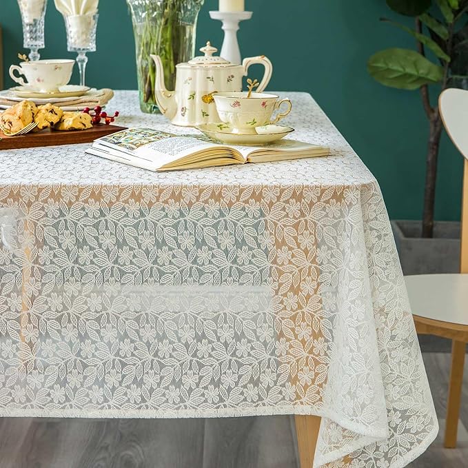 Lace Tablecloth Leaf Pattern Warp Knitting Fabric Solid White Rectangle/Oblong Table Cover for Kitchen Dining Farmhouse Wedding Party Decor Ivory, 55x84 Inch