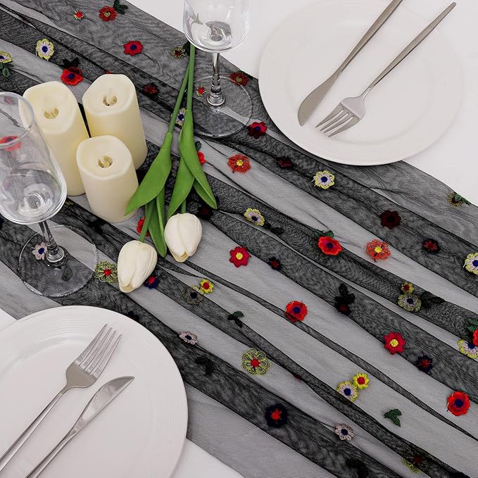 BINBE 12pcs Daisy Fall Table Runner Embroidery Gauze 10FT Florals Seasonal Tulle Holiday Birthday Kitchen Dining Table Decor for Home Party Black