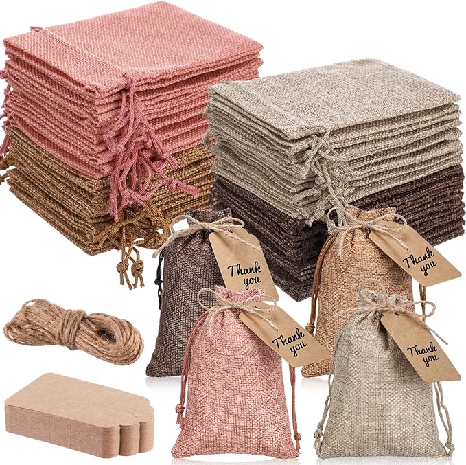 Burlap Drawstring Gift Bags 100 Pack with Kraft Tags and Hemp Rope