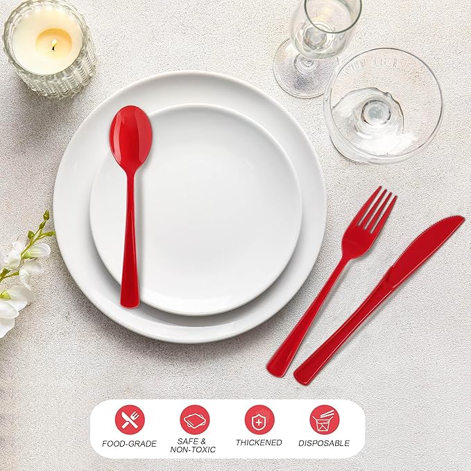 Plastic Silverware Set, 300 Pieces, Heavy Duty Red Knives Forks Spoons