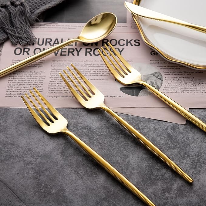Forks Set: 102 Pieces Gold Plastic Disposable Cutlery with Knives and Spoons