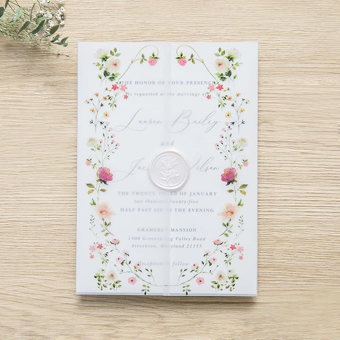 PONATIA 50PCS Vellum Jackets for 5x7 Invitation Cards- 135GSM Wild Flowers Printed Vellum Sleeves, Quinceanera Wedding Invitation Cards Wraps, Transparent Christmas Gift Cards Jackets