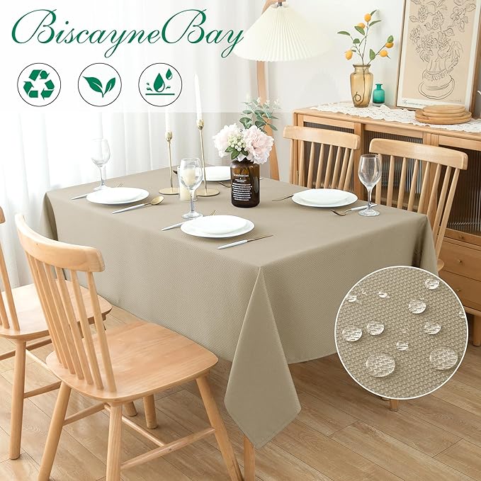 Biscaynebay Textured Fabric Tablecloths 90x156 Inches Rectangular, Natural Water Resistant Tablecloths for Dining, Kitchen, Wedding, Parties etc. Machine Washable