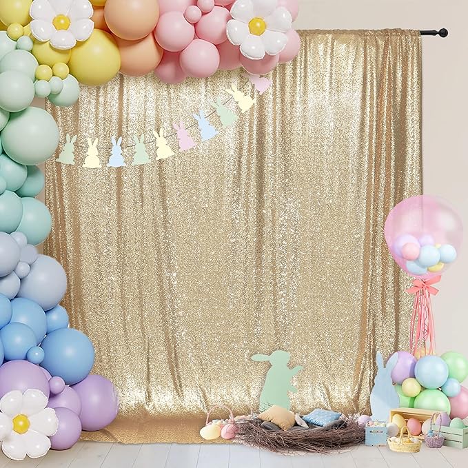 Sequin Backdrop Curtain in Light Gold, 6 x 7 Ft for Weddings and Events