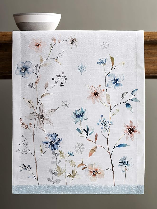 Maison d' Hermine Table Runner 100% Cotton Single Layer Table Runners 72 inches Long for Thanksgiving Christmas Decorations Home Kitchen Dining Party Wedding (Ice Florals, 14.5" x 72")