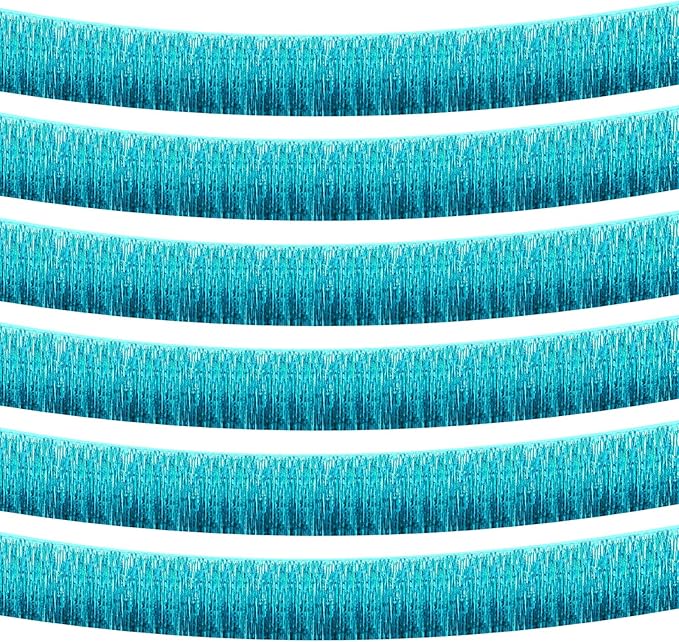 6 Pack 10 Feet Foil Fringe Garland Metallic Tinsel Streamers Banner Wall Hanging Curtain Backdrop Banner for Parade Floats, Thanksgiving, Christmas, Birthday, Halloween Party Decorations(Lake Blue)