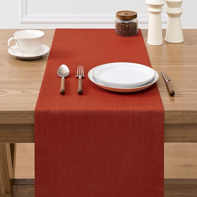 ZeeMart Linen Textured Border Table Runner, 14 x 72 Inch Orange, Farmhouse Style Burnt Orange Fall Table Runners 72 Inches Long, Easy Care Everyday Polyester Table Runner