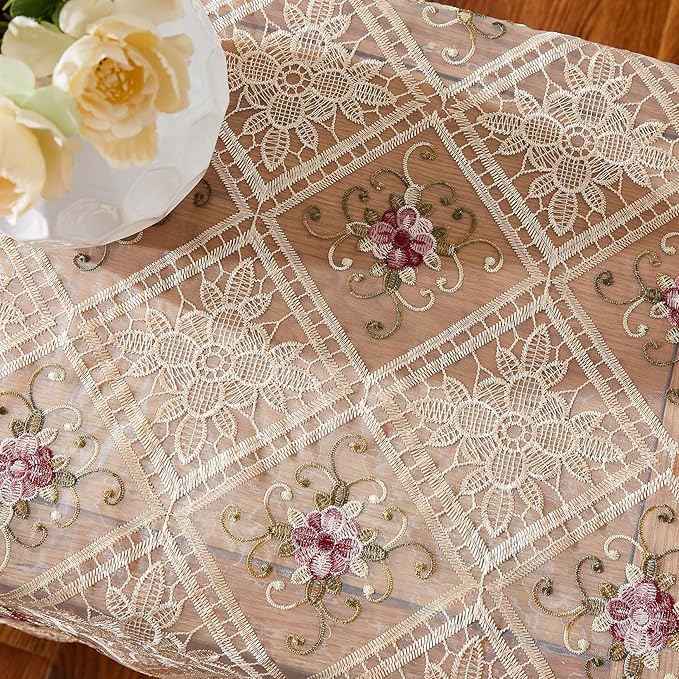 Warm Home Designs 36 x 36 Square Tablecloth - Gold Embroidered Coffee Table Cover or Topper for Vintage Kitchen - VTC Linen