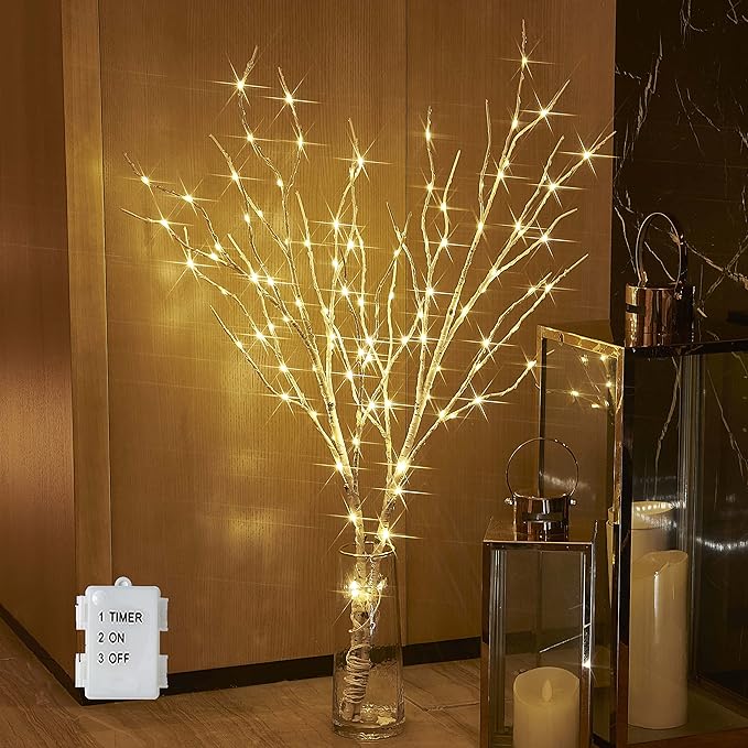 BAOLITVINE Birch Branch Lights with Timer Battery Operated 100 LED Fairy Lights, Lighted Willow Branches 32IN for Home Bedroom Fireplace Christmas Decoration Inside Outdoor
