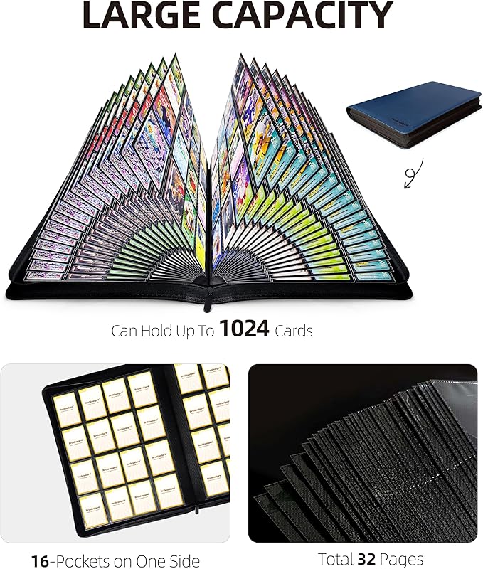 16 Pockets Premium Card Binder 1024 Cards Trading Card Binders Side Load Card Storage Display Album(16 Pocket 1024 Card Slot,Blue)