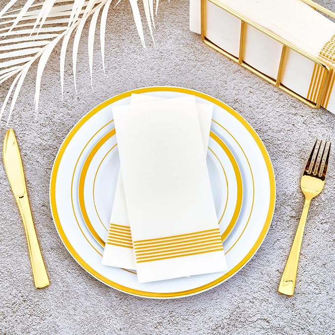 Disposable Napkins Gold Striped Paper Guest Towels 200 Count 12 x 17 Inch