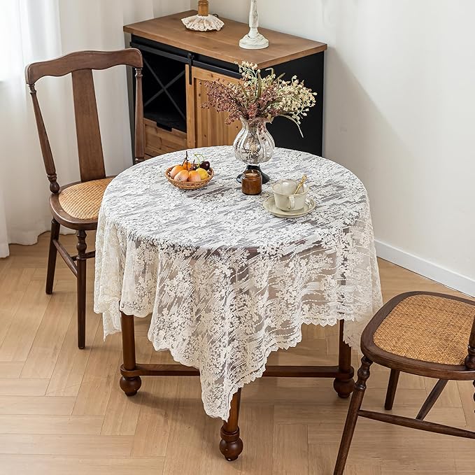 Lace Embroidered Tablecloth. Square Lace Vintage Tablecloth Dustproof Table Protector for Kitchen Dining Room Party Banquet Home Picnic Wedding Decoration (Creamy White 53×53 inch)