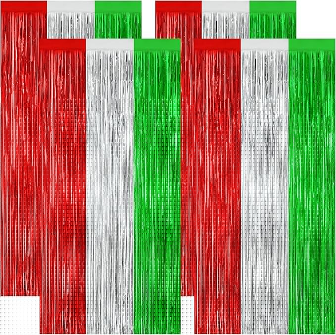 4 Pack Christmas Curtains, 3.28 FT x 7.05 FT Red Silver Green Foil Backdrop, Metallic Foil Fringe Curtains Party Streamer Picture Backdrop, Christmas Door Decorations Photo Props Party Supplies