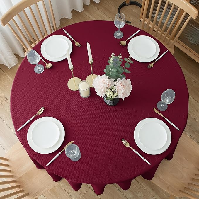 Biscaynebay Textured Fabric Christmas Round Tablecloths 70", Burgundy Water Resistant Folding Table Covers for Dining, Kitchen, Wedding, Parties Machine Washable