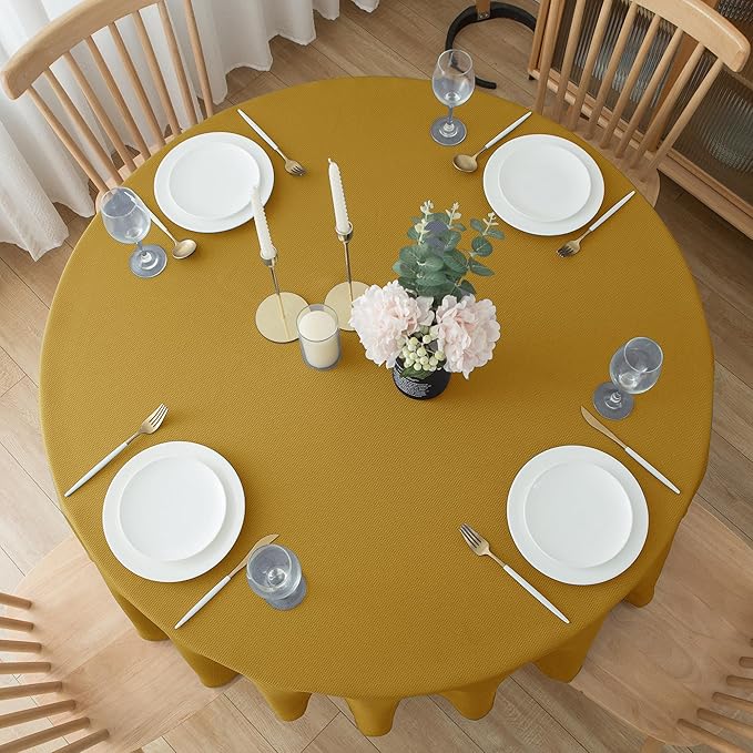 Biscaynebay Round Christmas Tablecloths 60" for Round Tables diameters from 28" to 48", Gold Textured Fabric Water Resistant Folding Table Covers Washable for Dining, Kitchen, Wedding, Parties etc