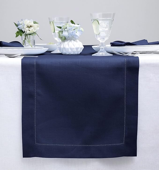 Solino Home Linen Navy Blue Table Runner 48 Inches - Classic Hemstitch, 100% Pure Linen Coffee Table Runner 14 x 48 Inch Ideal for Dresser Tables - Fall, Halloween, Thanksgiving, Christmas, Holiday