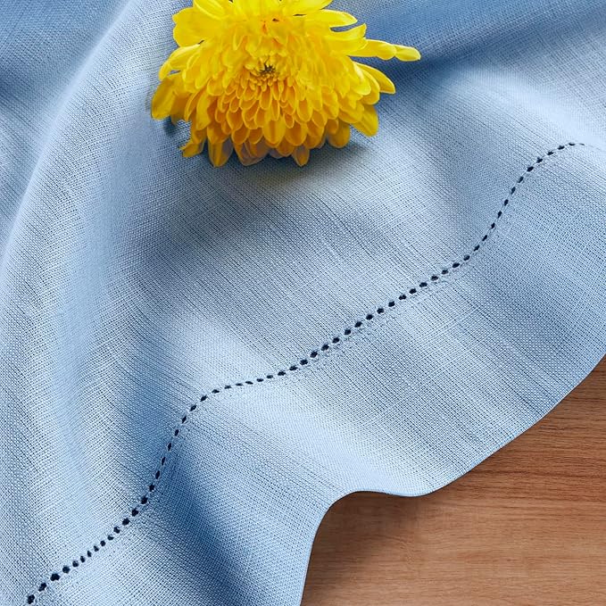 Solino Home Linen Cornflower Blue Table Runner 132 Inches Long - 100% Pure Linen Hemstitch 14 x 132 Inch Table Runner for Dining - Classic Hemstitch