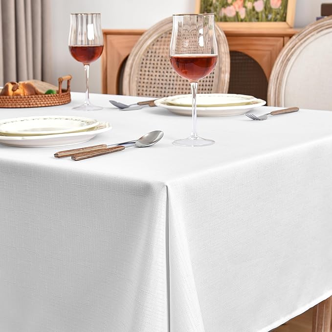 Fitable Faux Linen White Tablecloths for 6 Foot Rectangle Tables - 60 x 102 Inch - 6 Pack Fabric Textured Folding Table Clothes Faux Burlap Table Covers for Wedding, Party, Banquet, Birthday