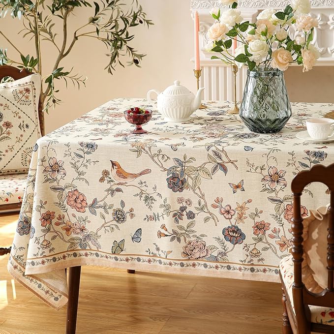 Tablecloth, Square Floral Linen-Polyester Blend, 67 x 67 Inch