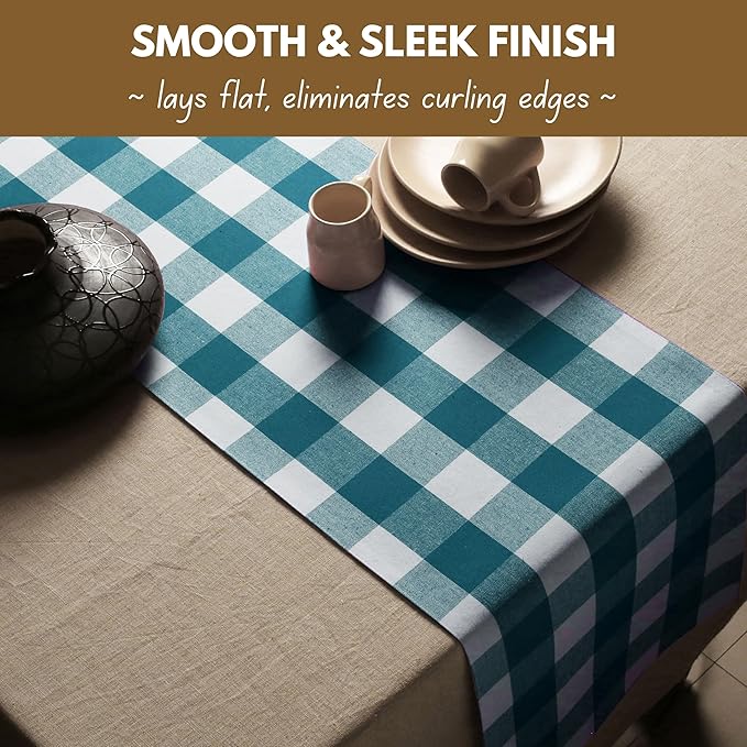 Native Fab Table Runner Buffalo Check Plaid 100% Cotton - 13x72 Inches Kitchen Dining Table Decoration for Indoor Outdoor Farmhouse Home Party Decor - Teal Green and White