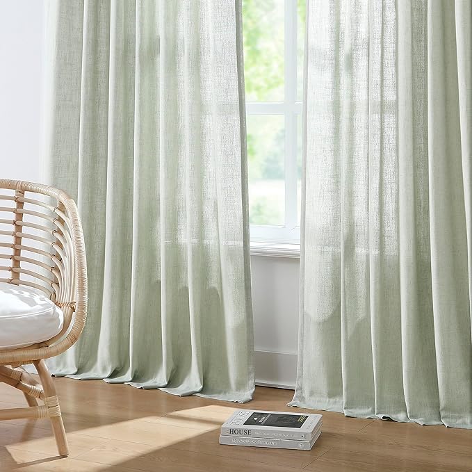 Vision Home Soft Green Pinch Pleated Semi Sheer Curtains Textured Linen Blended Light Filtering Window Curtains 120 inch for Living Room Bedroom Pinch Pleat Drapes with Hooks 10ft 2 Panels 40"Wx120"L