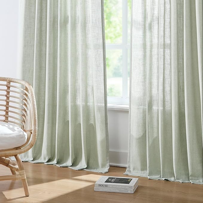 Vision Home Light Green Pinch Pleated Semi Sheer Curtains Textured Linen Blended Light Filtering Window Curtains 112 inch for Living Room Bedroom Patio Pinch Pleat Drapes with Hooks 1 Panel 60"Wx112"L