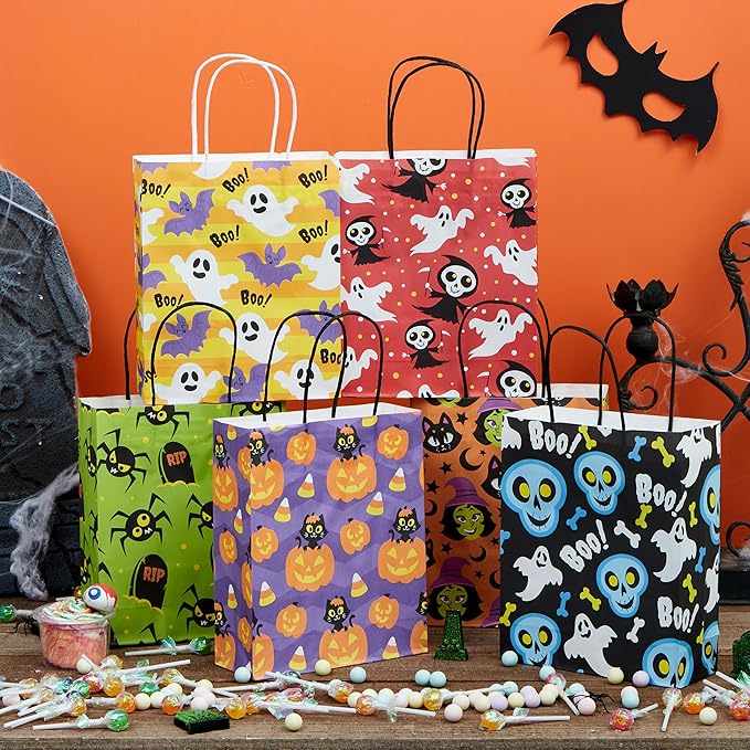 Gift Bags: 24 Count Halloween Paper Treat Bags with Handles, 6 Designs
