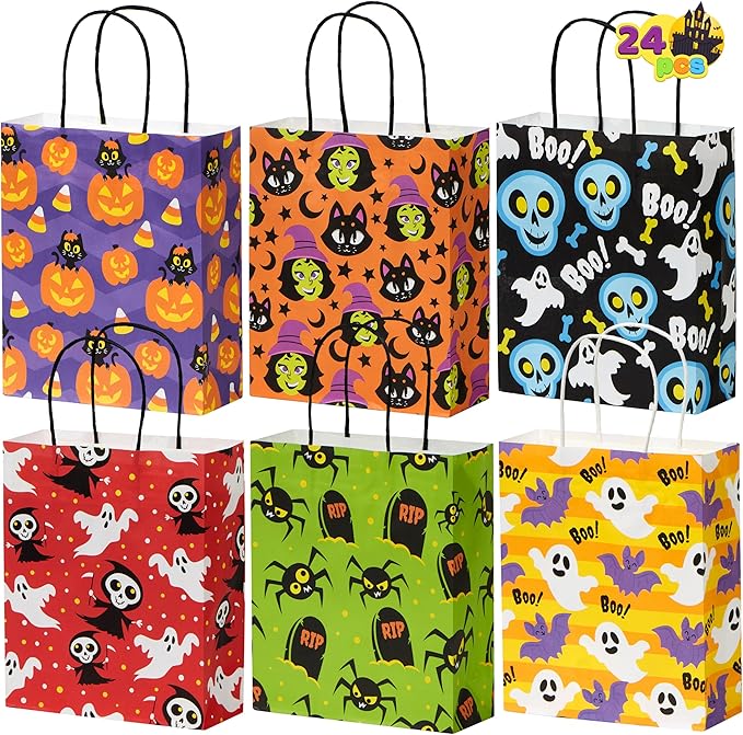Gift Bags: 24 Count Halloween Paper Treat Bags with Handles, 6 Designs